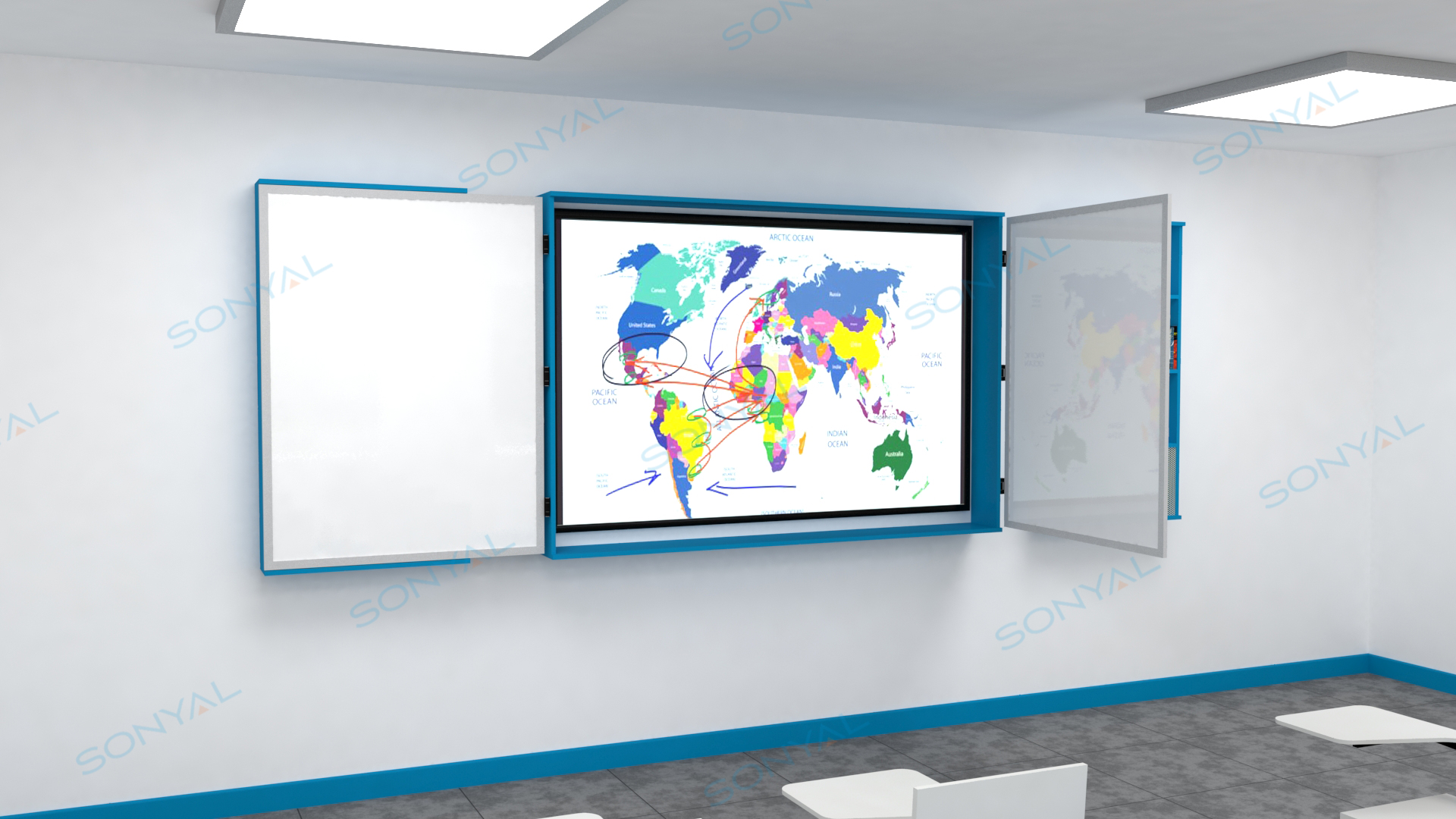 Sonyal Kapaklı Akıllı Tahta Ünitesi ve Emaye Yazı Tahtası