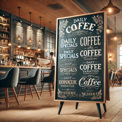 cafe ve restoran iç mekanında kullanılan şık bir siyah yazı tahtası