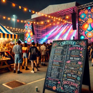 açık hava müzik festivalinde kullanılan siyah bir yazı tahtası