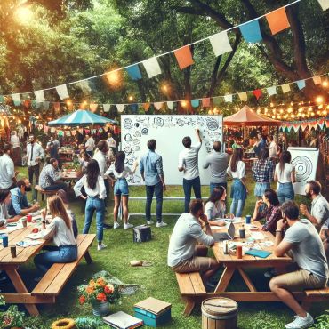 Bahar festivalinde yazı tahtası kullanılan açık hava etkinliği 