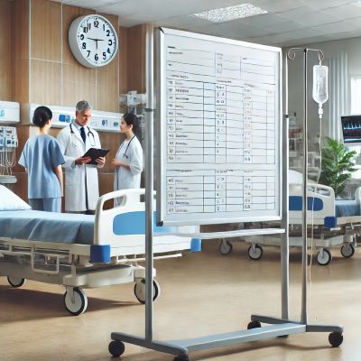 yoğun bir hastane servisinde doktorlar ve hemşireler tarafından kullanılan tekerlekli yazı tahtası