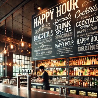 bar üstüne asılı büyük bir yazı tahtası