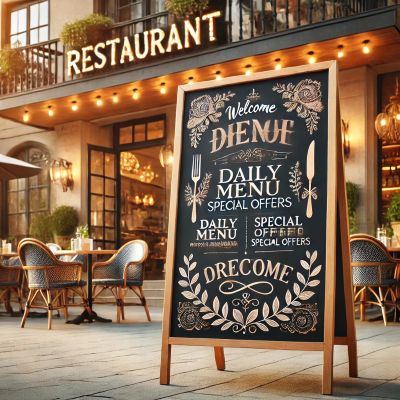 restoran kapı önünde kullanılan büyük, ayaklı yazı tahtası