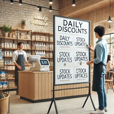bir mağaza sahibinin yazı tahtasını kullanarak günlük promosyonları, stok güncellemelerini ve özel fırsatları güncellediği yazı tahtası