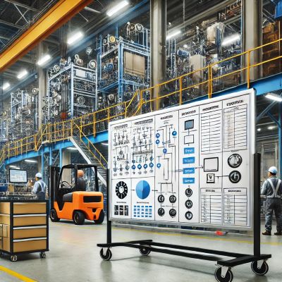 fabrika üretim alanında kullanılan tekerlekli yazı tahtası beyaz
